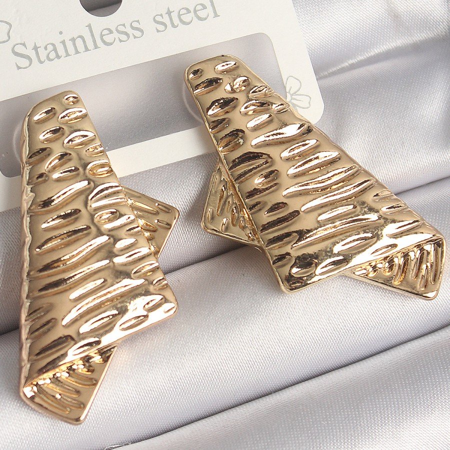 Brass Gold Color Processing Detailed Folded Square Plate Model Women s Earrings