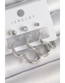 Brass Silver Color Heart Model Zircon Stone Stud Detail Women's Earring Set