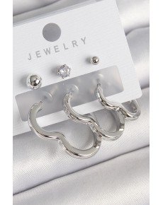 Brass Silver Color Heart Model Zircon Stone Stud Detail Women's Earring Set