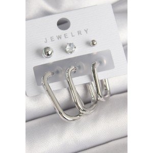 Brass Silver Color Hoop Model Zircon Stone Heel Detail Women's Earring Set