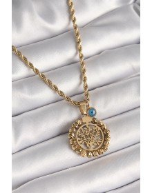 316L Steel Gold Color Twist Chain Dorica Tree of Life Figure Evil Eye Bead Detail Women's Necklace