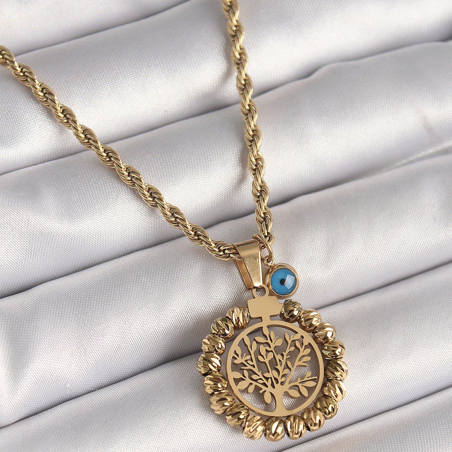 316L Steel Gold Color Twist Chain Dorica Tree of Life Figure Evil Eye Bead Detail Women s Necklace 316L Steel Gold Color Twist Chain Dorica Tree of Life Figure Evil Eye Bead Detail Women s Necklace
