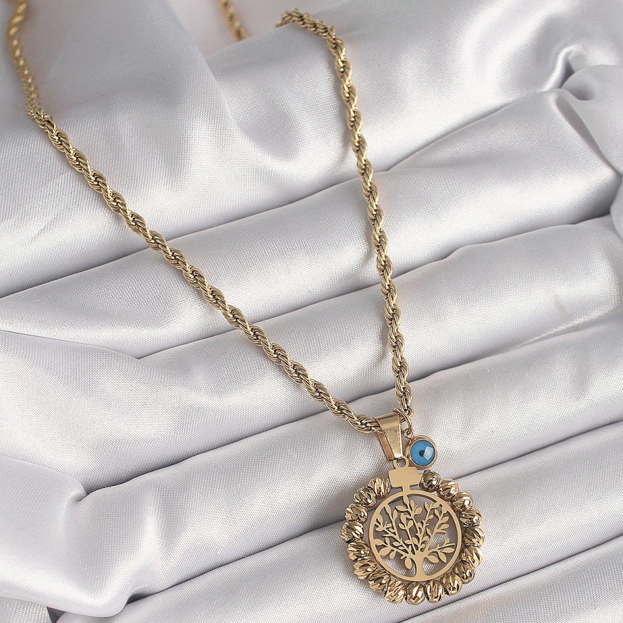 316L Steel Gold Color Twist Chain Dorica Tree of Life Figure Evil Eye Bead Detail Women s Necklace 316L Steel Gold Color Twist Chain Dorica Tree of Life Figure Evil Eye Bead Detail Women s Necklace