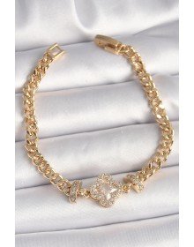 Brass Gold Color Zircon Stone Clover Figure Chain Model Women's Bracelet