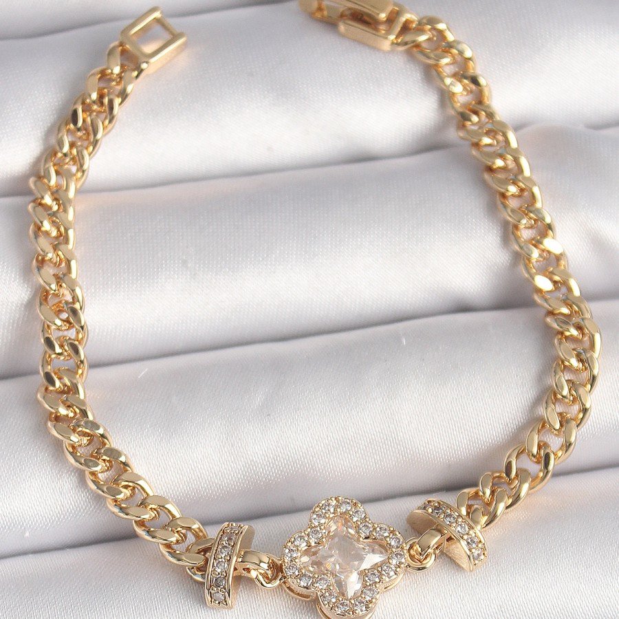 Brass Gold Color Zircon Stone Clover Figure Chain Model Women s Bracelet Brass Gold Color Zircon Stone Clover Figure Chain Model Women s Bracelet