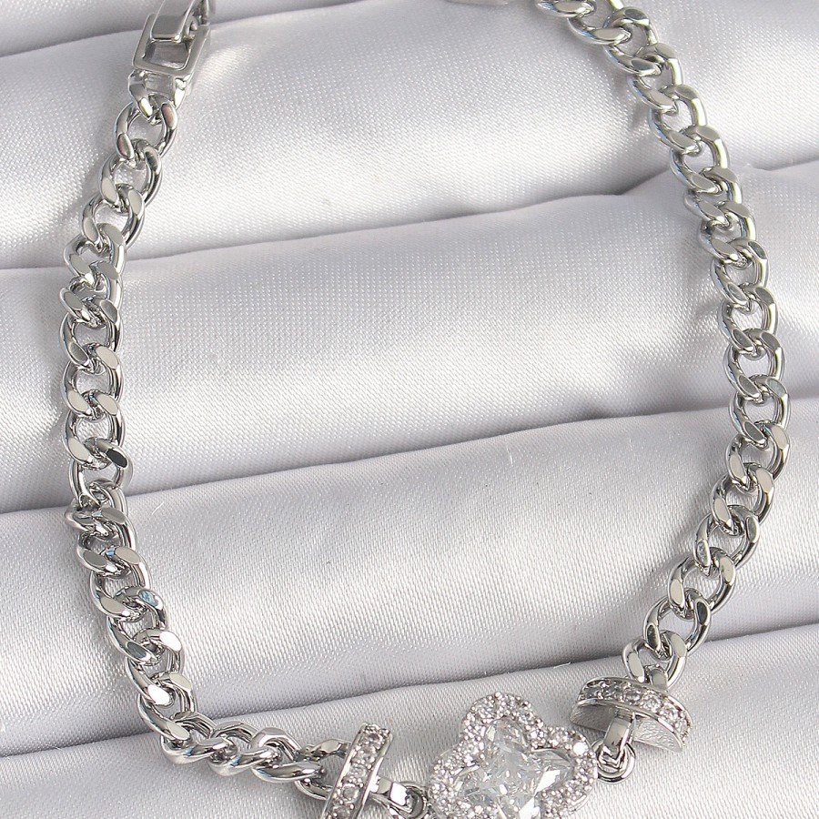 Brass Silver Color Zircon Stone Clover Figure Chain Model Women s Bracelet Brass Silver Color Zircon Stone Clover Figure Chain Model Women s Bracelet