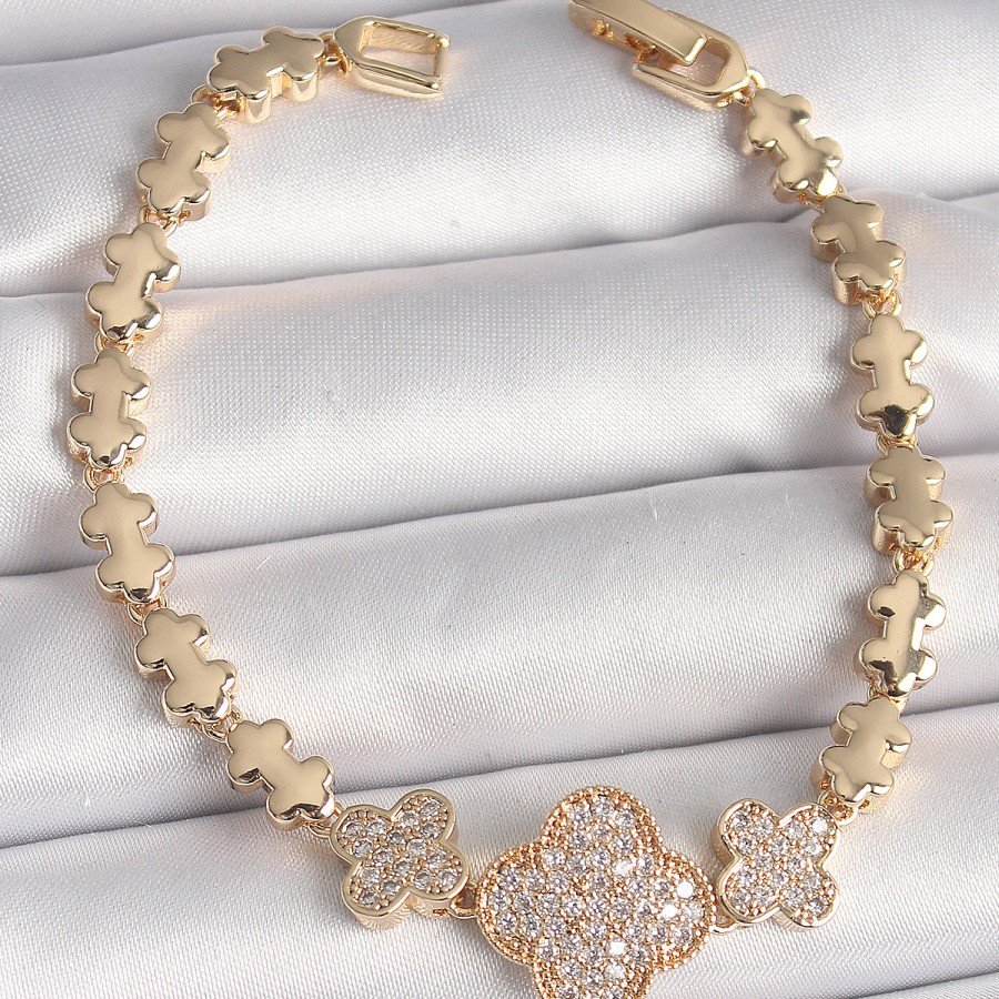 Brass Gold Color Zircon Stone Clover Model Chain Women s Bracelet