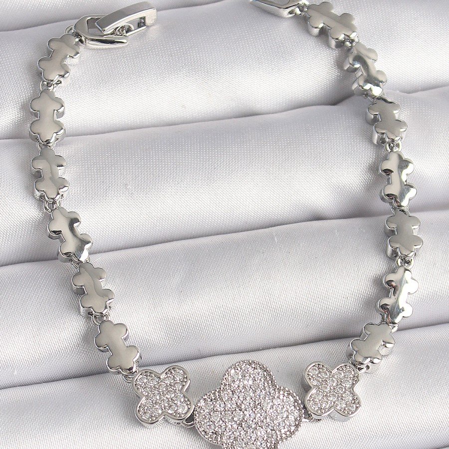Brass Silver Color Zircon Stone Clover Model Chain Model Women s Bracelet