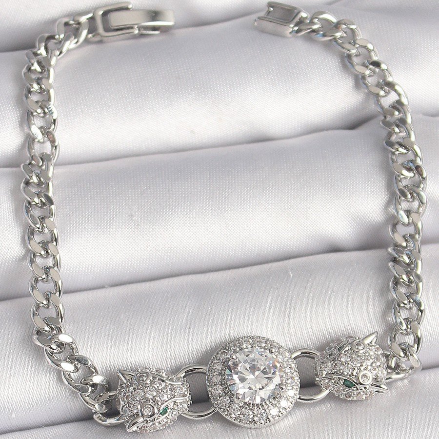 Brass Silver Color Zircon Stone Leopard Figure Chain Model Women s Bracelet