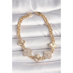 Brass Gold Color Zircon Stone Clover Model Women's Bracelet Brass Gold Color Zircon Stone Clover Model Women's Bracelet