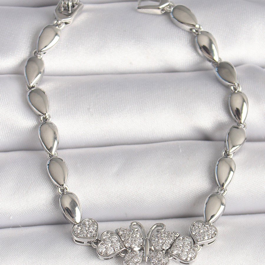 Brass Silver Color Zircon Stone Butterfly Figure Drop Chain Model Women s Bracelet