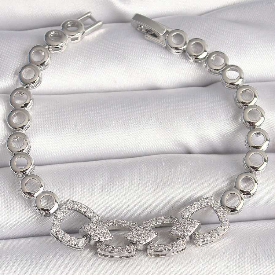 Brass Silver Color Zircon Stone Circle Chain Model Women s Bracelet