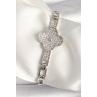 Brass Silver Color Zircon Stone Clover Model Women's Bracelet