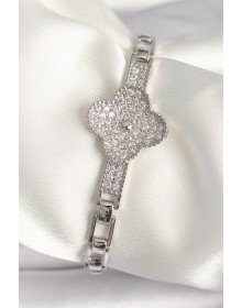 Brass Silver Color Zircon Stone Clover Model Women's Bracelet