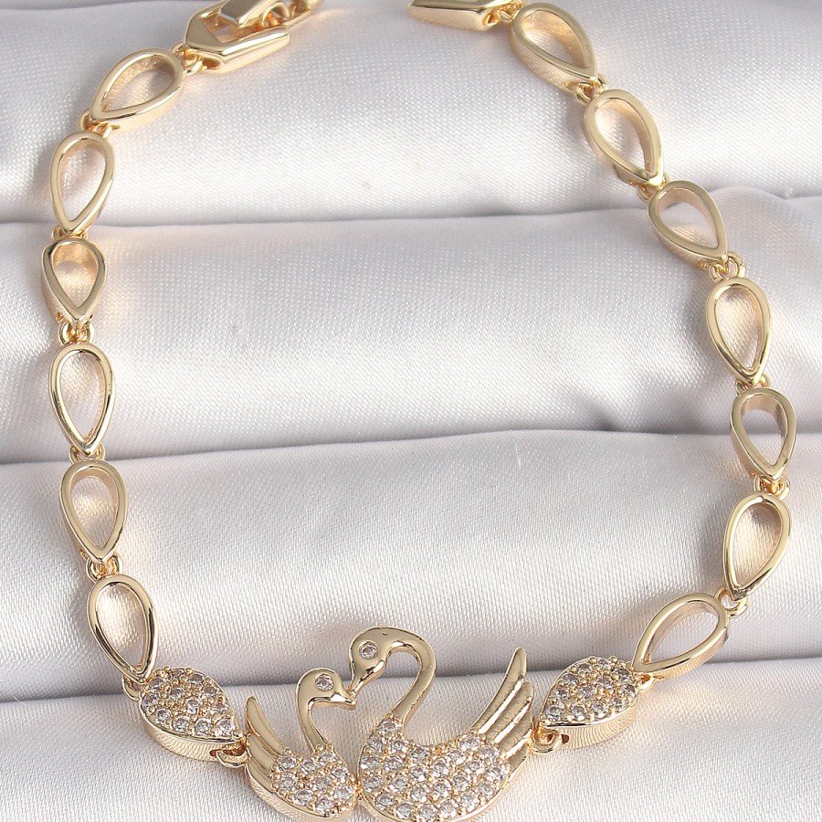 Brass Gold Color Zircon Stone Swan Figure Drop Chain Model Women s Bracelet