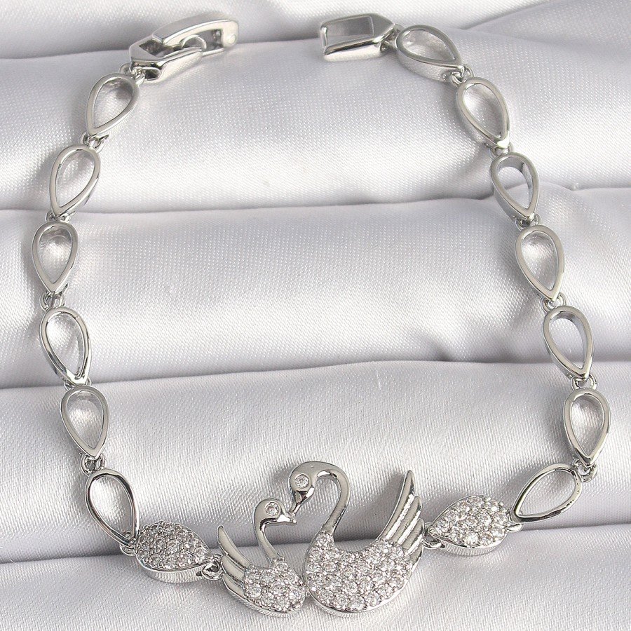Brass Silver Color Zircon Stone Swan Figure Drop Chain Model Women s Bracelet