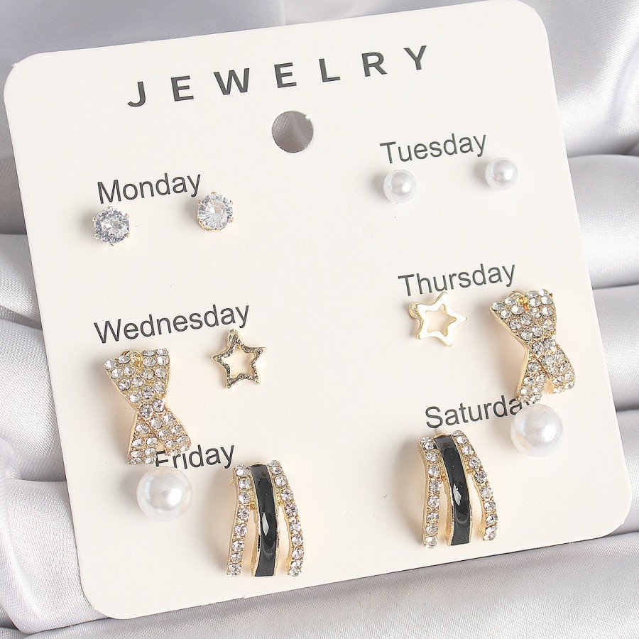 Brass Gold Color Zircon Stone Star Detailed Pearl Set of 7 Women s Earring Set