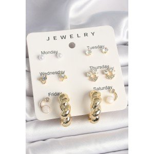 Brass Gold Color Zircon Stone Spiral Ring Model 7-Piece Women's Earring Set Brass Gold Color Zircon Stone Spiral Ring Model 7-Piece Women's Earring Set