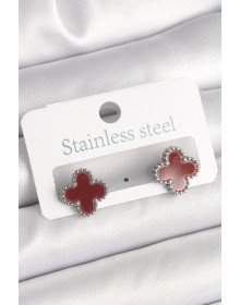 Brass Silver Color Burgundy Clover Model Women's Earrings