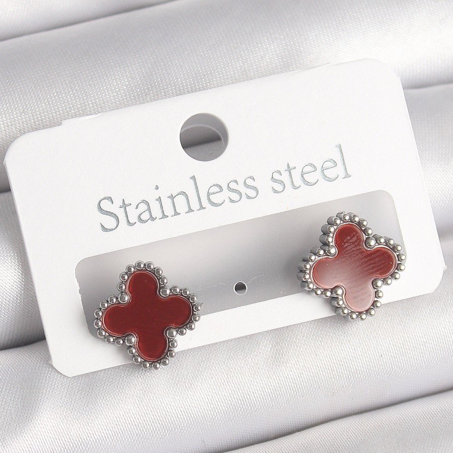 Brass Silver Color Burgundy Clover Model Women s Earrings