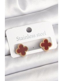 Brass Gold Color Burgundy Clover Model Women's Earrings
