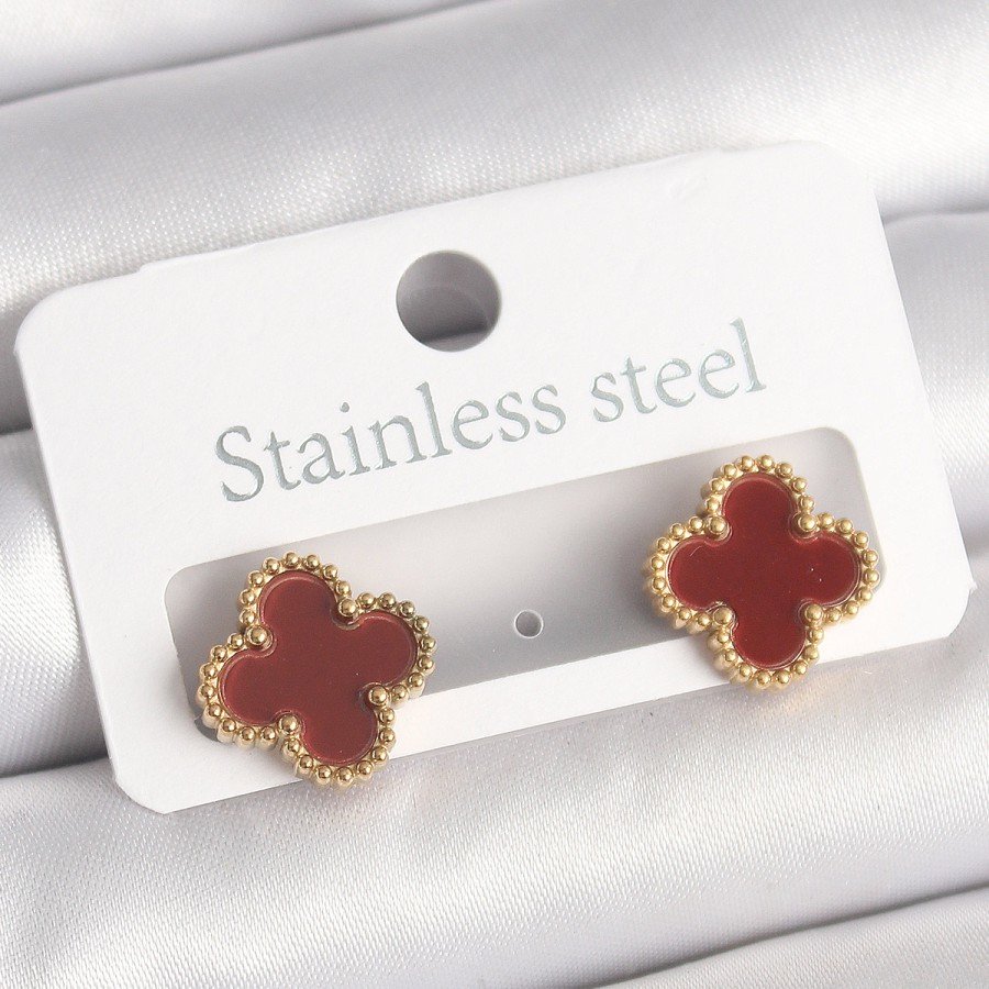 Brass Gold Color Burgundy Clover Model Women s Earrings Brass Gold Color Burgundy Clover Model Women s Earrings