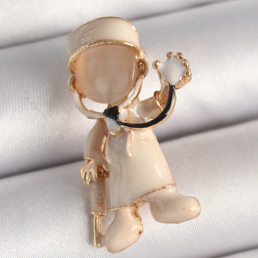 Brass Gold Color White Enamel Doctor Model Women s Brooch