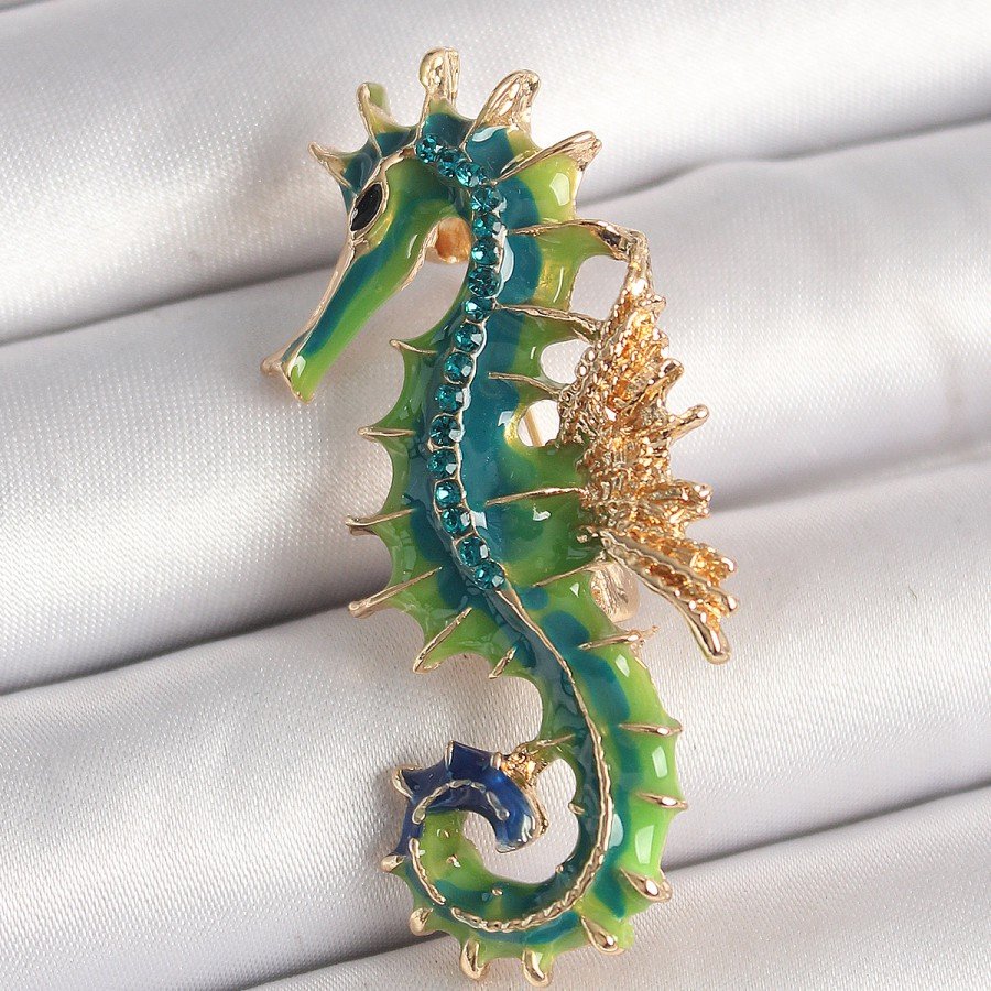 Brass Gold Color Green Sea Horse Model Zircon Stone Detail Women s Brooch