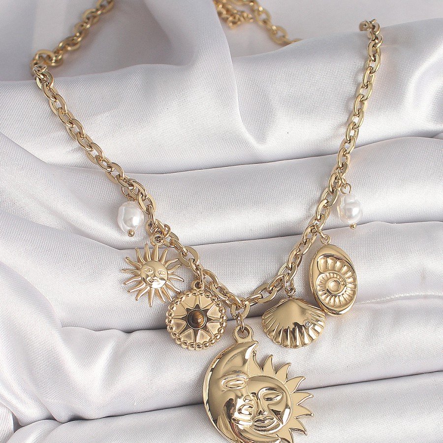 316L Steel Gold Color Moon Sun Figure Seashell Detail Women s Necklace