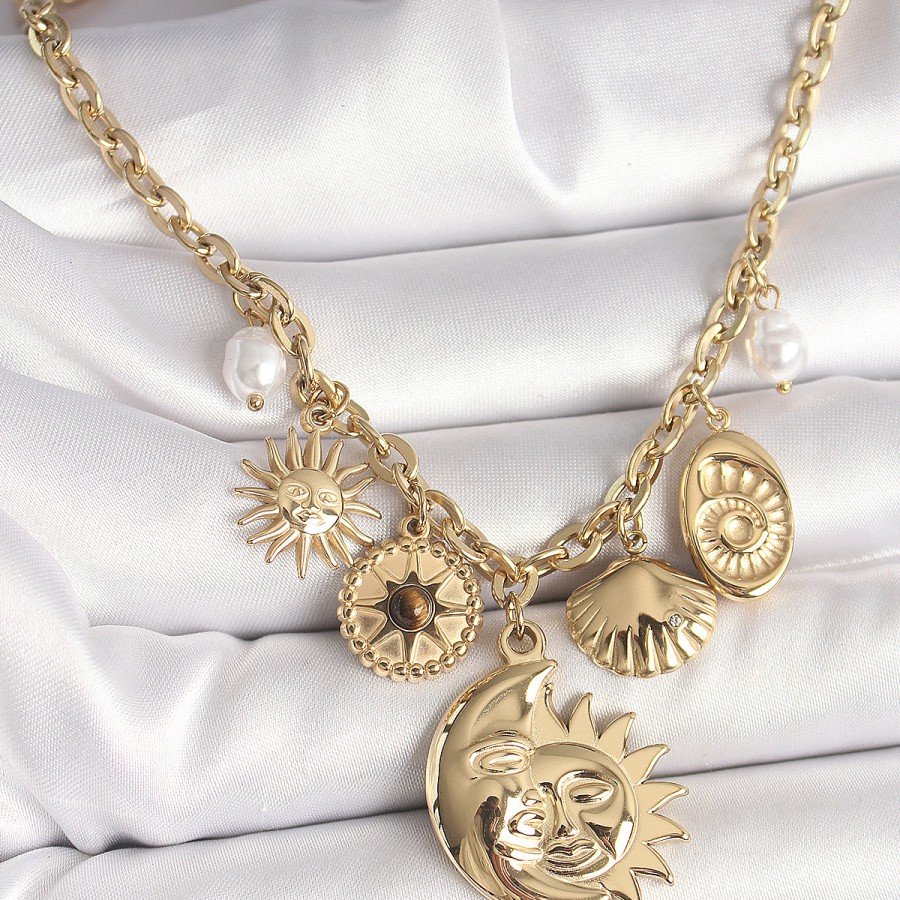 316L Steel Gold Color Moon Sun Figure Seashell Detail Women s Necklace