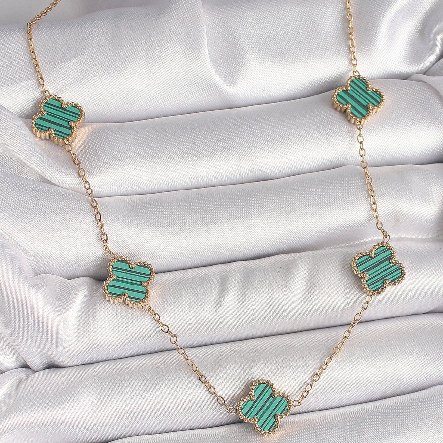 316L Steel Gold Color Chain Green Clover Model Women s Necklace