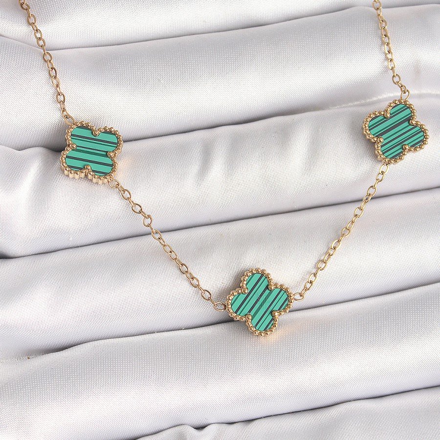 316L Steel Gold Color Chain Green Clover Model Women s Necklace