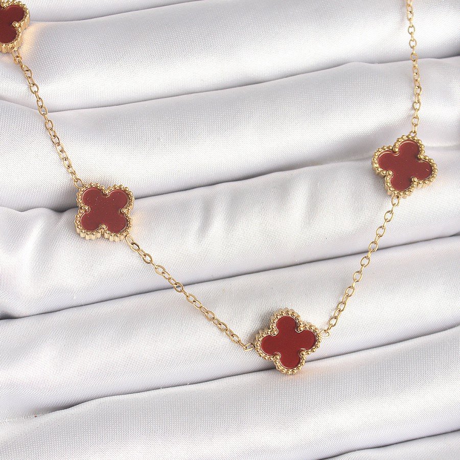 316L Steel Gold Color Chain Claret Red Clover Model Women s Necklace 316L Steel Gold Color Chain Claret Red Clover Model Women s Necklace