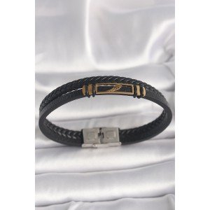 316L Steel Gold Color Wing Accessory Black Twist Model Leather Cord Men's Bracelet