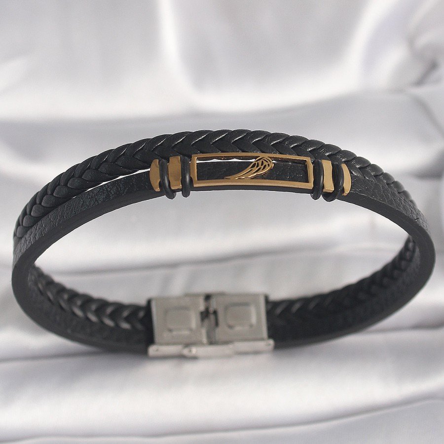 316L Steel Gold Color Wing Accessory Black Twist Model Leather Cord Men s Bracelet