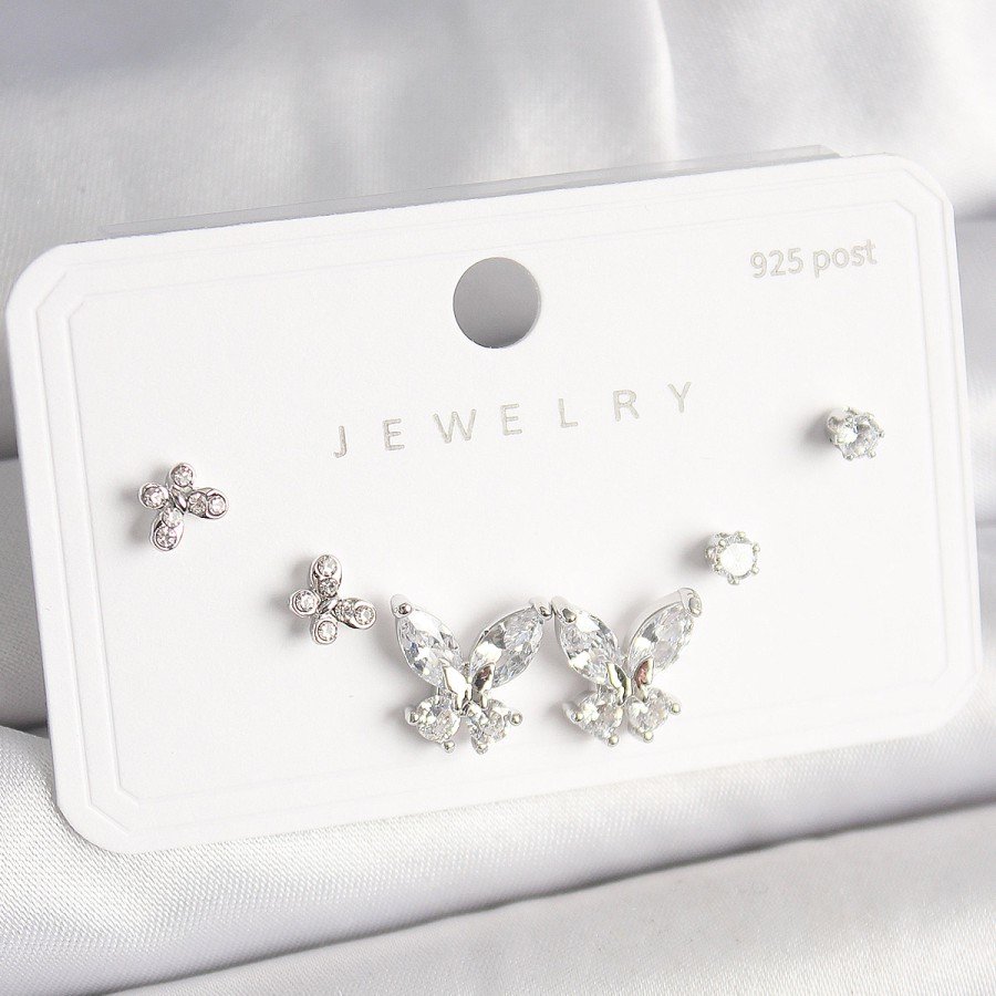 925 Sterling Silver Stud Brass Zircon Stone Butterfly Model Women s Earring Set