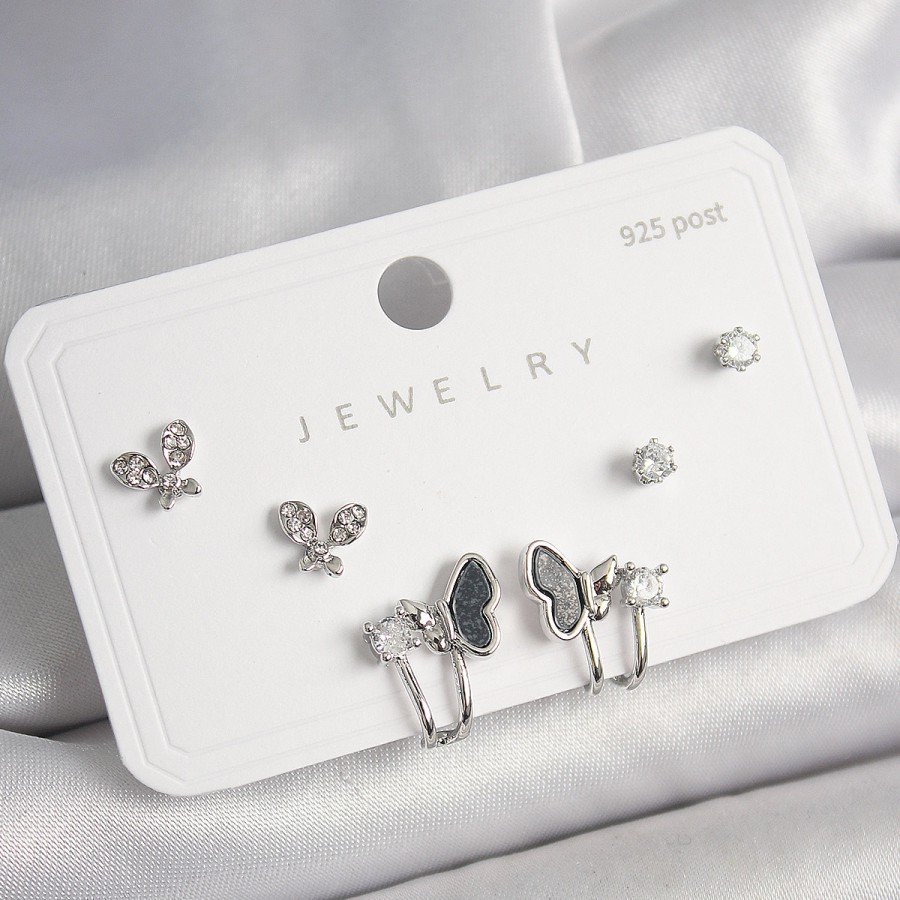 925 Sterling Silver Stud Brass Silver Color Zircon Stone Butterfly Model Women s Earring Set