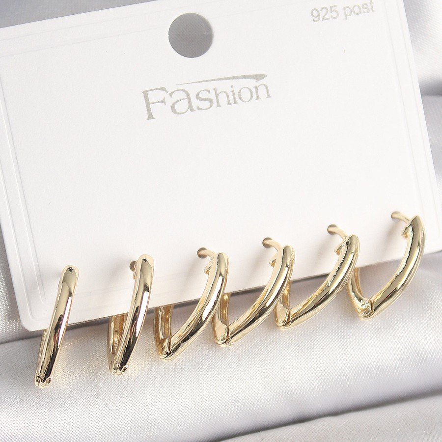 925 Sterling Silver Stud Brass Gold Color Triangle Model Women s Earring Set