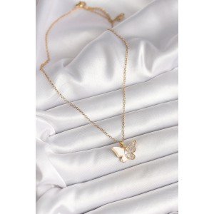 316L Steel Gold Color Chain Zircon Stone White Enameled Butterfly Model Women's Necklace 316L Steel Gold Color Chain Zircon Stone White Enameled Butterfly Model Women's Necklace