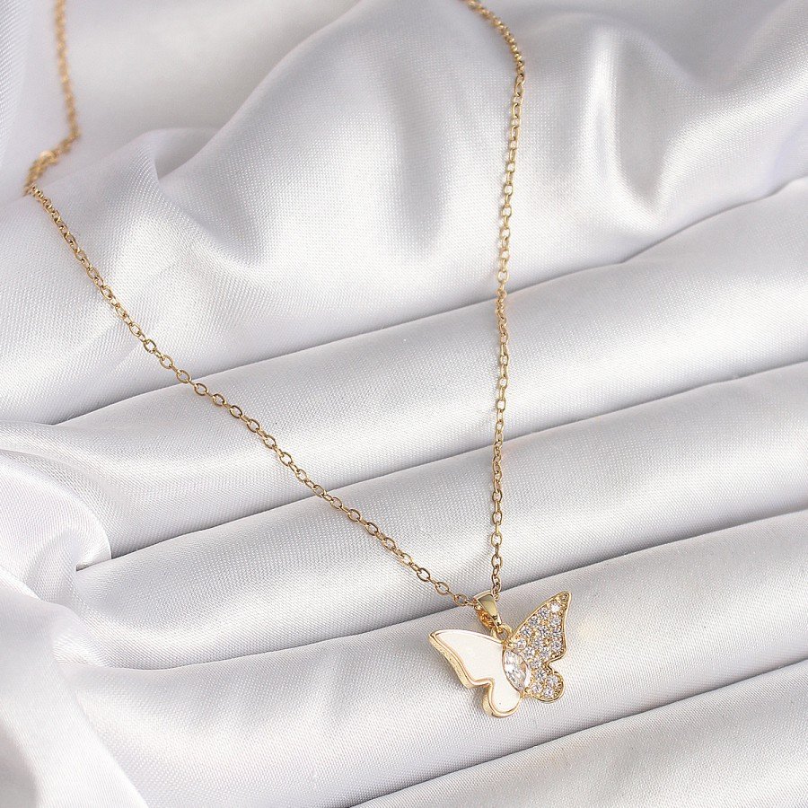 316L Steel Gold Color Chain Zircon Stone White Enameled Butterfly Model Women s Necklace