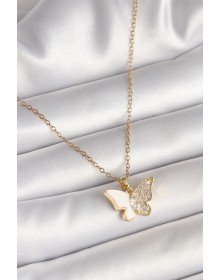 316L Steel Gold Color Chain Zircon Stone White Enameled Butterfly Model Women's Necklace
