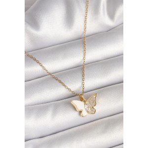 316L Steel Gold Color Chain Zircon Stone White Enameled Butterfly Model Women's Necklace