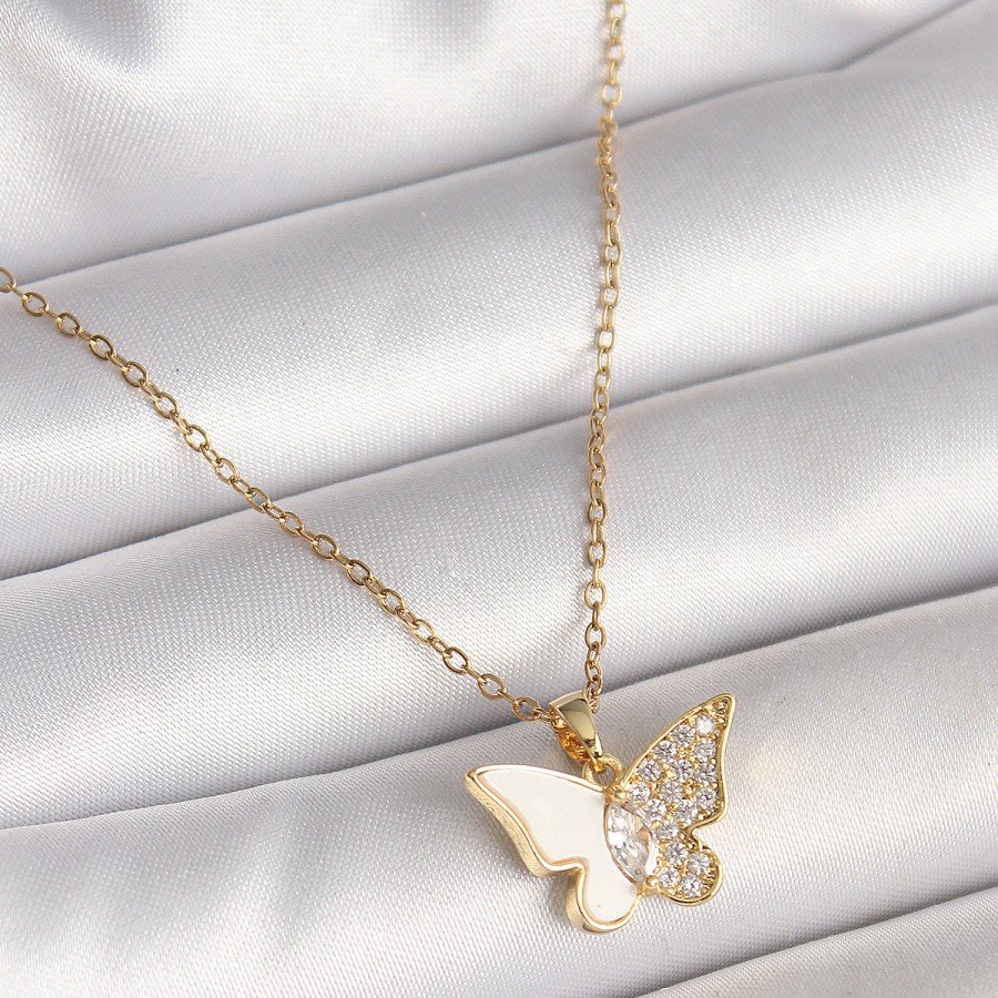 316L Steel Gold Color Chain Zircon Stone White Enameled Butterfly Model Women s Necklace