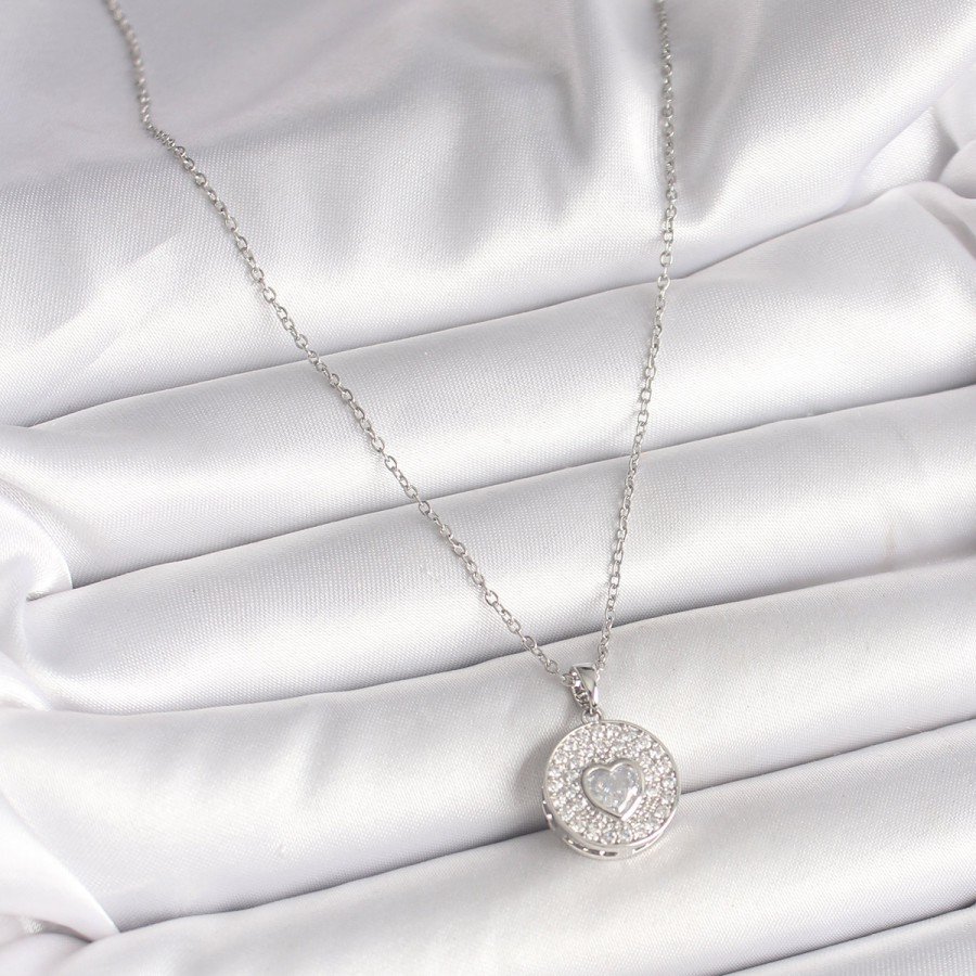 316L Steel Silver Color Chain Zircon Stone Heart Embroidered Medallion Model Women s Necklace