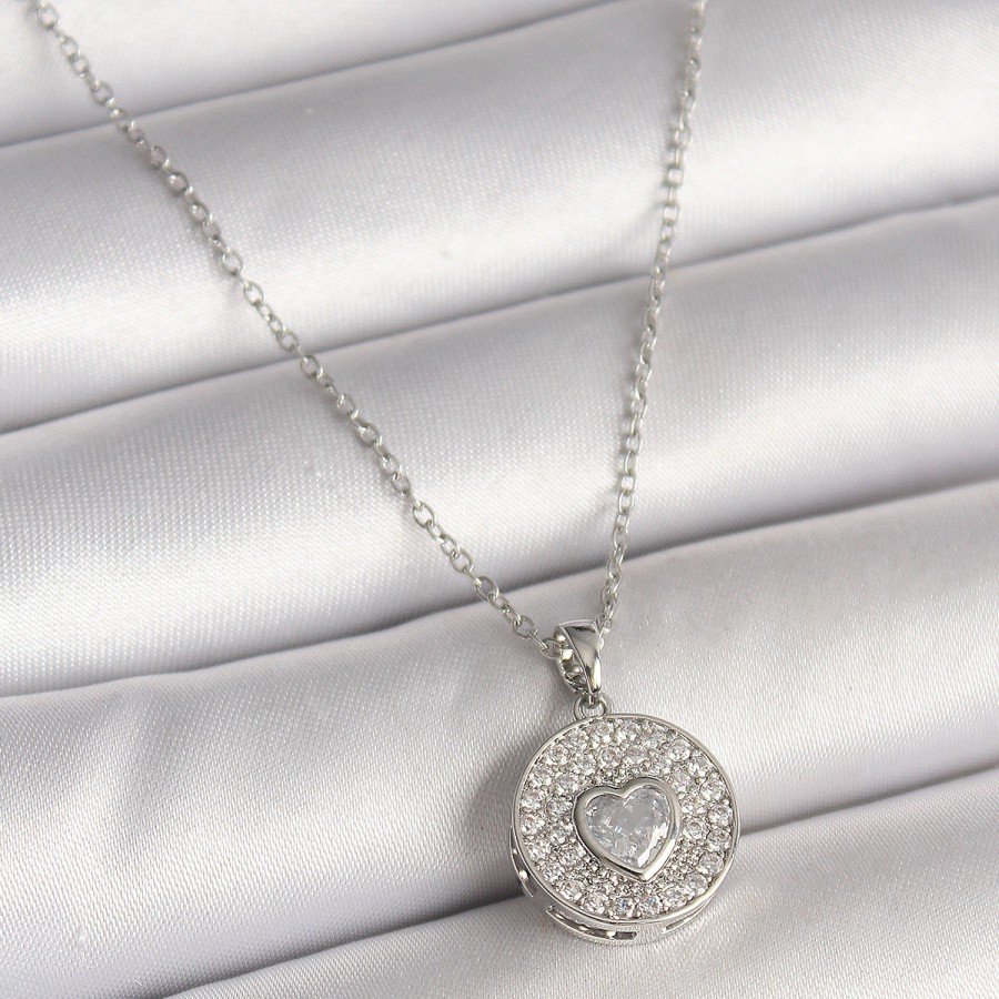 316L Steel Silver Color Chain Zircon Stone Heart Embroidered Medallion Model Women s Necklace
