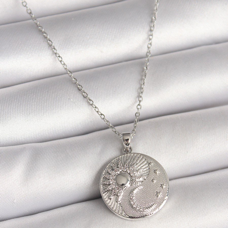 316L Steel Silver Color Chain Zircon Stone Moon Sun Embroidered Medallion Model Women s Necklace 316L Steel Silver Color Chain Zircon Stone Moon Sun Embroidered Medallion Model Women s Necklace