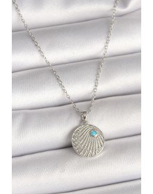 316L Steel Silver Color Chain Zircon Stone Blue Stone Detailed Medallion Model Women's Necklace