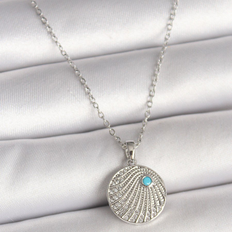 316L Steel Silver Color Chain Zircon Stone Blue Stone Detailed Medallion Model Women s Necklace