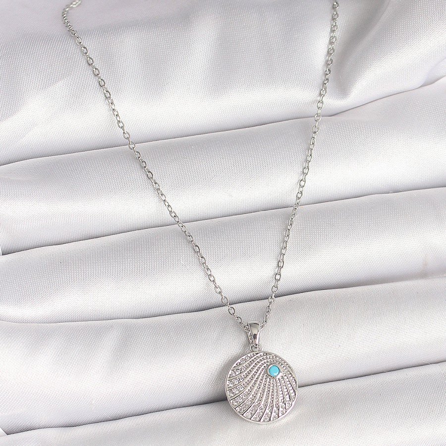 316L Steel Silver Color Chain Zircon Stone Blue Stone Detailed Medallion Model Women s Necklace