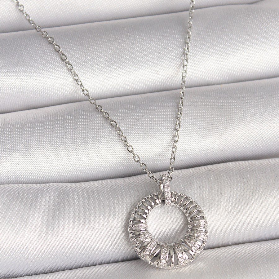 316L Steel Silver Color Chain Zircon Stone Embroidered Circle Model Women s Necklace